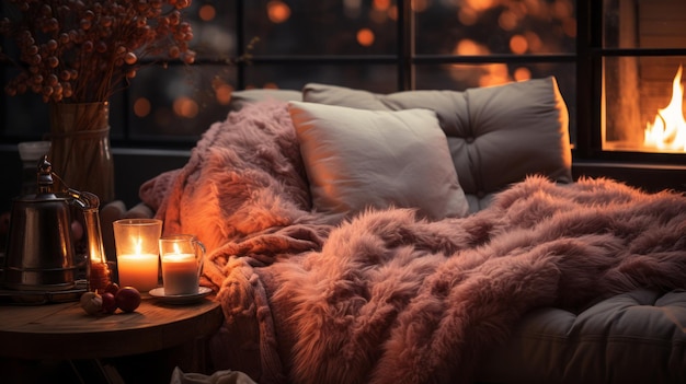 Moodboard best montage Winter night fireplace hot chocolate warm fluffy red blanket snowfall t