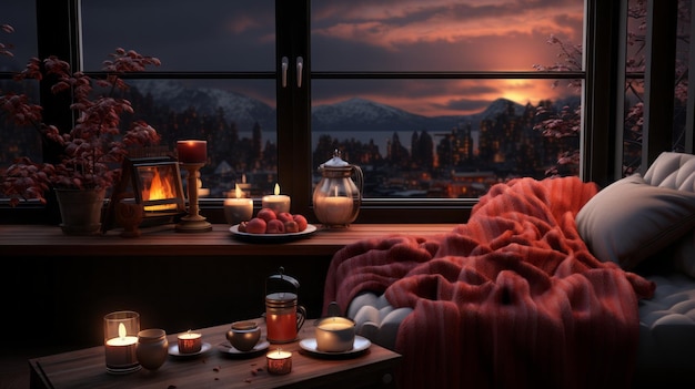 Moodboard best montage Winter night fireplace hot chocolate warm fluffy red blanket snowfall t