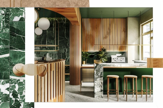 A moodboard modern restaurant wood marble green