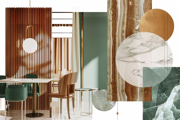 A moodboard modern restaurant wood marble green