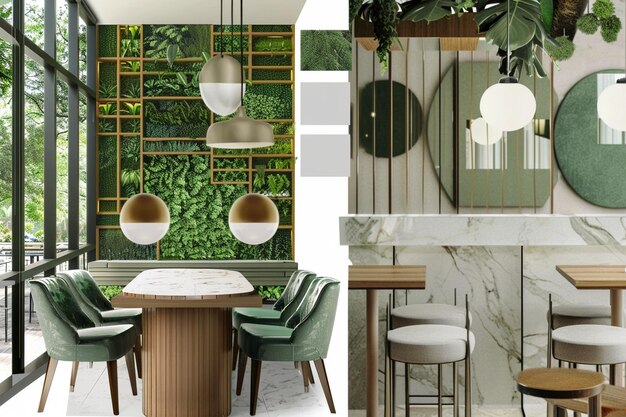 A moodboard modern restaurant wood marble green