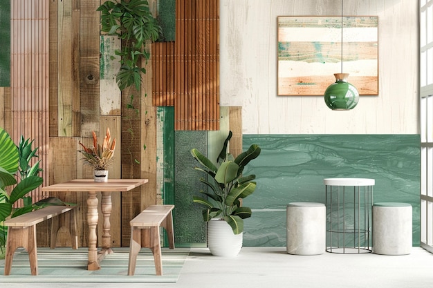 A moodboard modern restaurant wood marble green