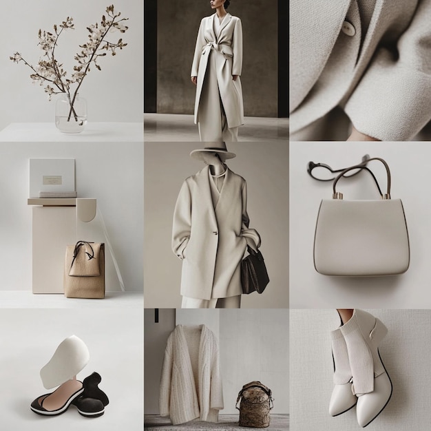 A moodboardstyle photo collage featuring trendy fashion photos of minimalistic outfits