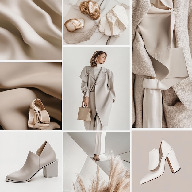 A moodboardstyle photo collage featuring trendy fashion photos of minimalistic outfits