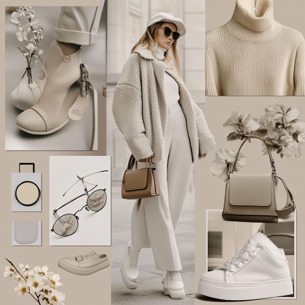 A moodboardstyle photo collage featuring trendy fashion photos of minimalistic outfits