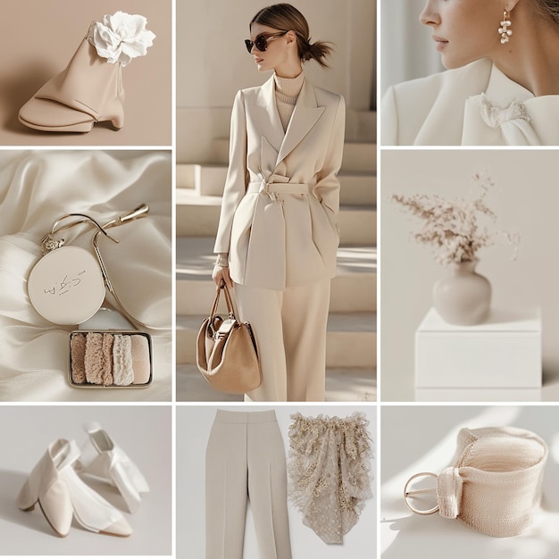 A moodboardstyle photo collage featuring trendy fashion photos of minimalistic outfits