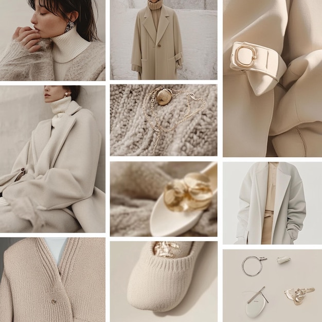 A moodboardstyle photo collage featuring trendy fashion photos of minimalistic outfits