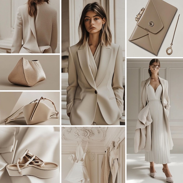 A moodboardstyle photo collage featuring trendy fashion photos of minimalistic outfits