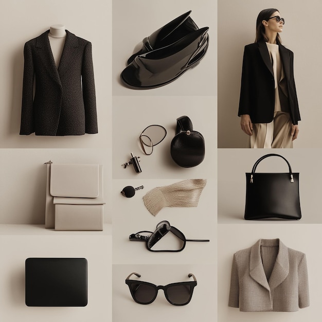 A moodboardstyle photo collage featuring trendy fashion photos of minimalistic outfits