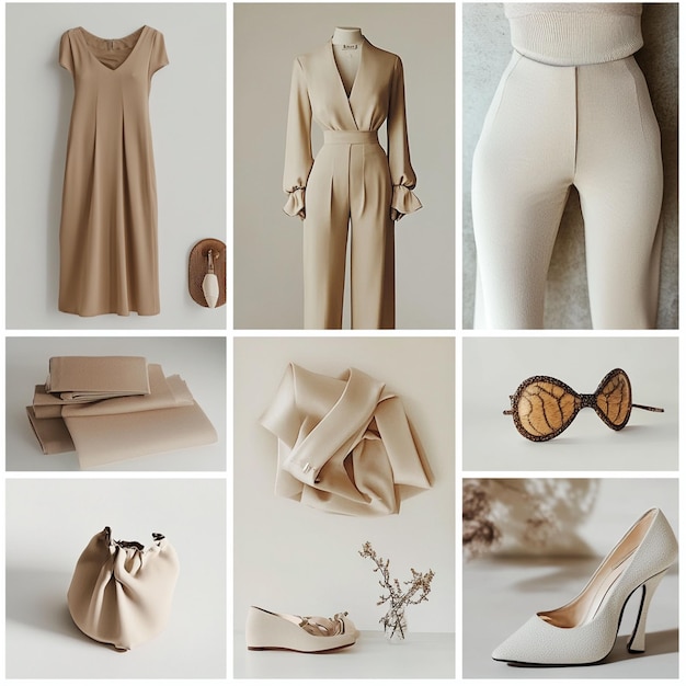 A moodboardstyle photo collage featuring trendy fashion photos of minimalistic outfits