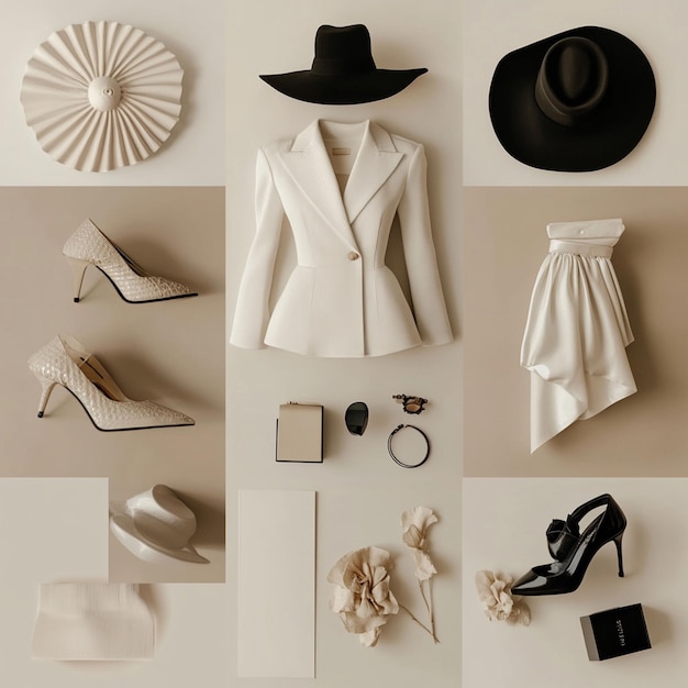 A moodboardstyle photo collage featuring trendy fashion photos of minimalistic outfits