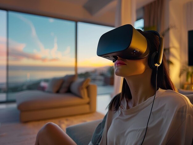 MoodEnhancing VR sleek design immerse in others feelings resolve arguments through shared experiences empathydriven future Photography Golden Hour Vignette Rack focus view