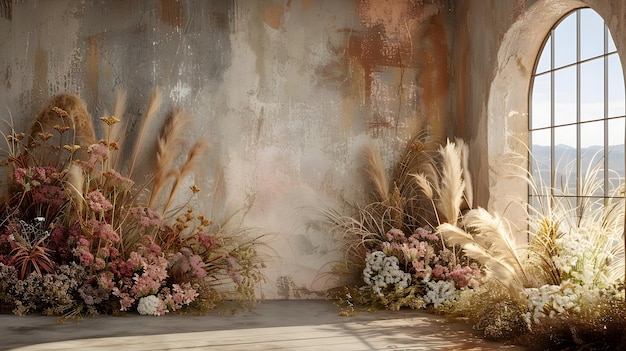 Photo moody boho backdrop with arched window and floral arrangement in spring inspired studio setting