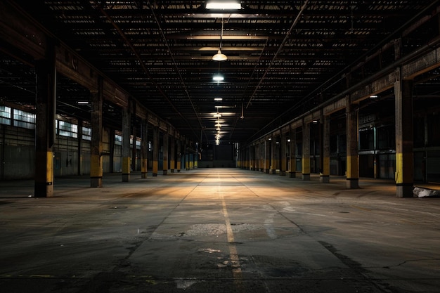 Moody and dark abandoned warehouse space with rows of pillars and hanging lights