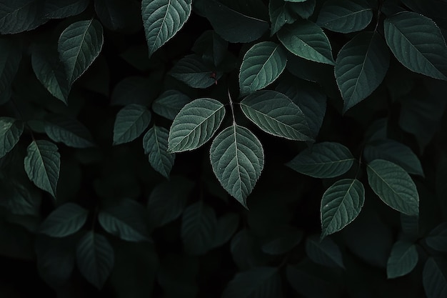 Photo moody dark green leaves on black background