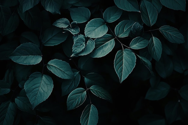 Moody Dark Green Leaves on Black Background