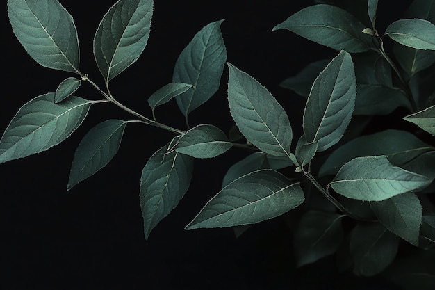 Photo moody dark green leaves on black background