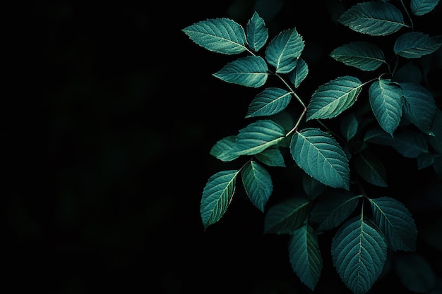 Photo moody dark green leaves on black background