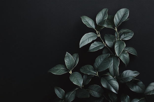 Photo moody dark green leaves on black background