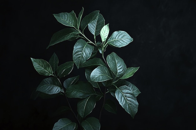 Photo moody dark green leaves on black background