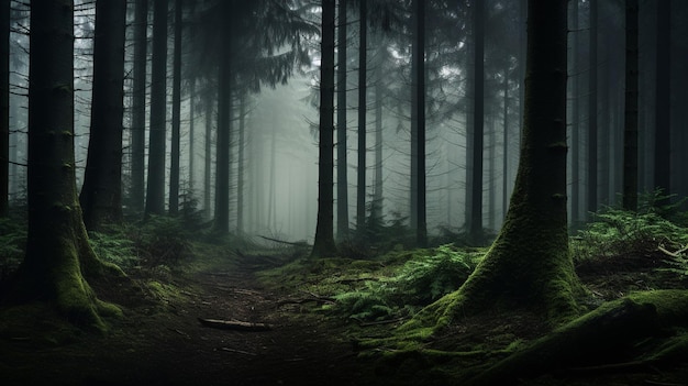 Moody forest landscape with fog and mist scenery