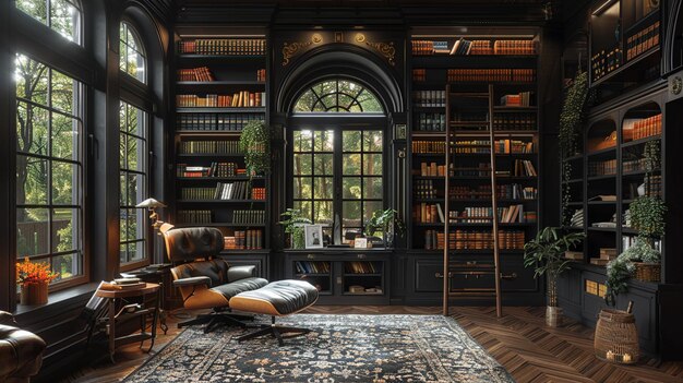 Moody home library with dark shelves a ladder