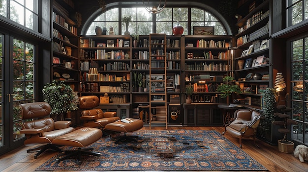 Moody home library with dark shelves a ladder