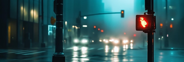 Photo a moody and minimalist cityscape at night with a red traffic light standing out against the bl