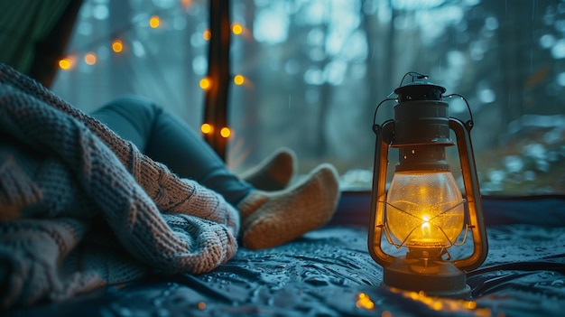 Moody Nightscape with Glowing Lantern and String Lights