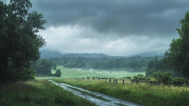 Photo moody rainy day over a serene countryside landscape