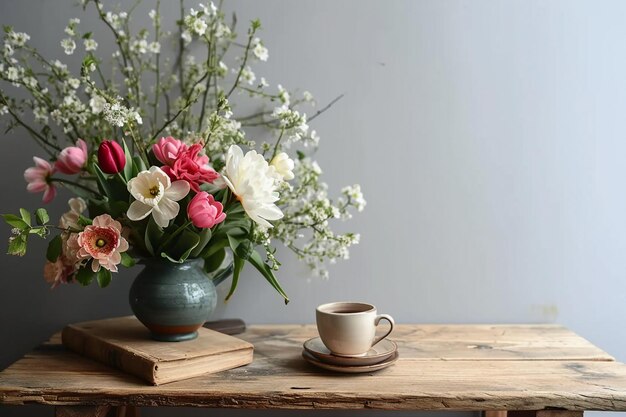 Moody spring still life Wooden bench table composition with cup of coffee tea and old books