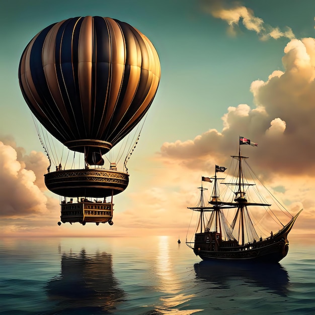 Photo moody steampunk picture of balloon sailing above ocean