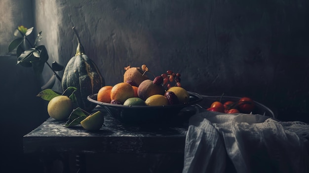 Photo moody still life with fruits and vegetables in dark contrasting light rustic table setting vintage aesthetic classical painting style