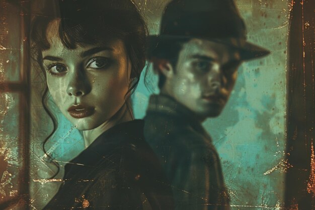 Photo moody vintage portrait of two mysterious characters in retro style