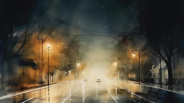 moody watercolor painting of an empty street at night with soft glowing streetlights