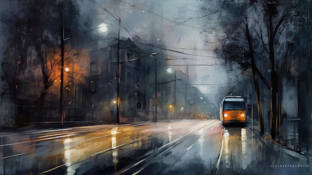 moody watercolor painting of an empty street at night with soft glowing streetlights