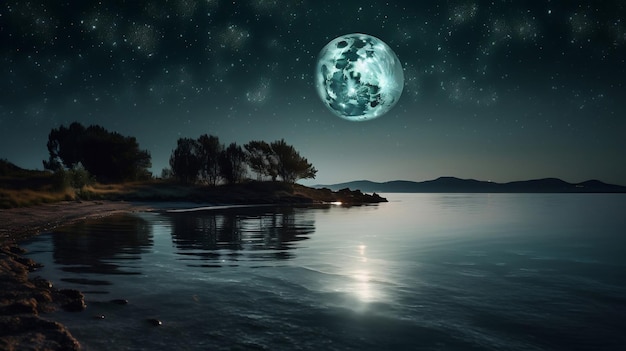 Moon on a background star sky reflected in the sea Generative ai