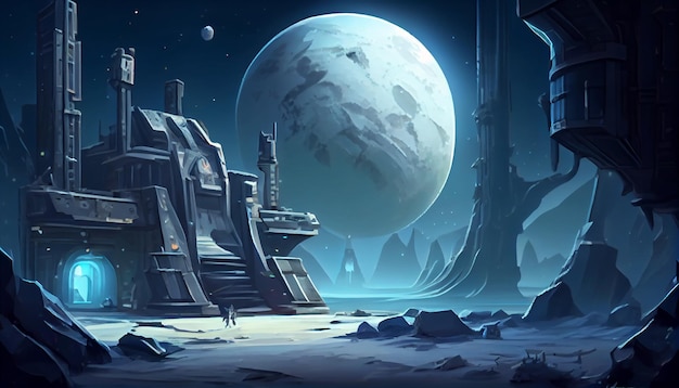 Moon base 2D background environment for a mobile game A high quality horizontal background landscape Gaming template design location Generative ai