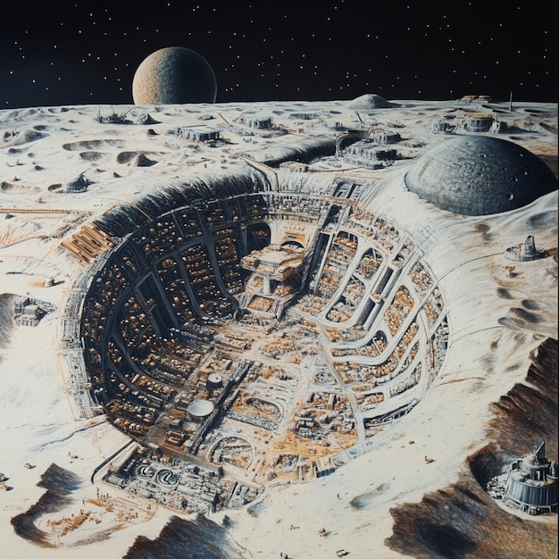 Photo moon base with a network of tunnels linking habitats beneath the lunar regolith