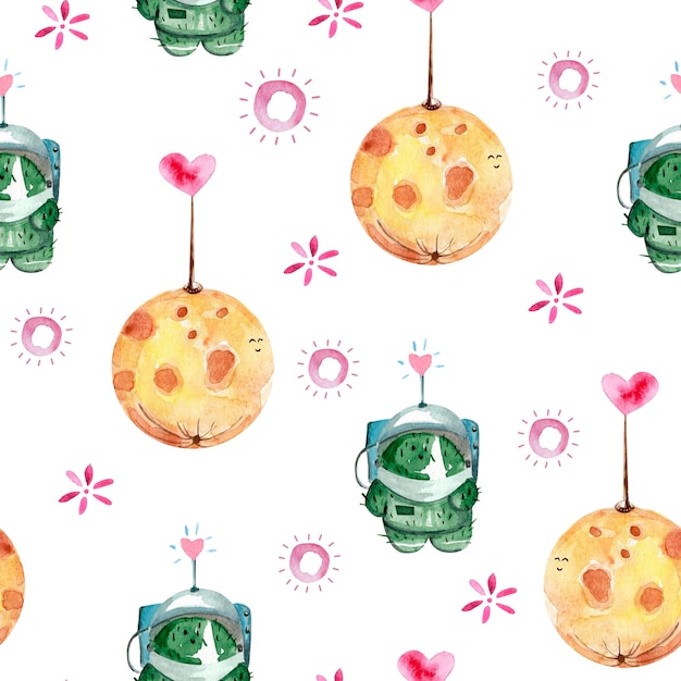 Moon and cactus astronaut watercolor seamless pattern