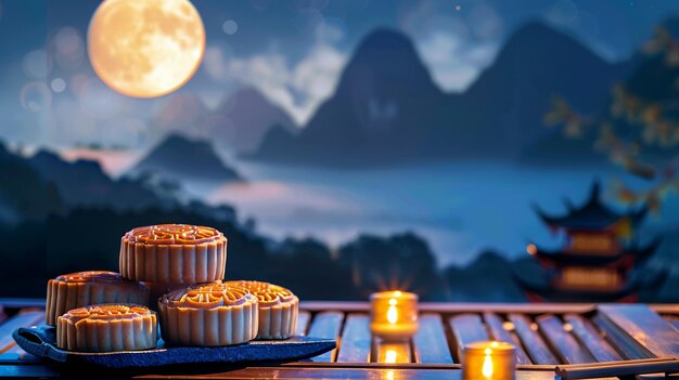 Photo moon cake mid autumn chinese traditional festival background