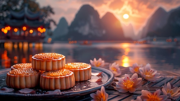 Photo moon cake mid autumn chinese traditional festival background