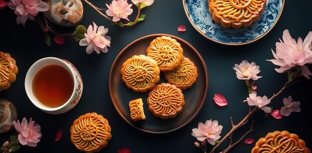 Photo moon cakes at mid autumn festival background food and drink tea and mooncakes