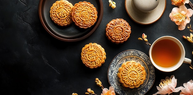 Photo moon cakes at mid autumn festival background food and drink tea and mooncakes