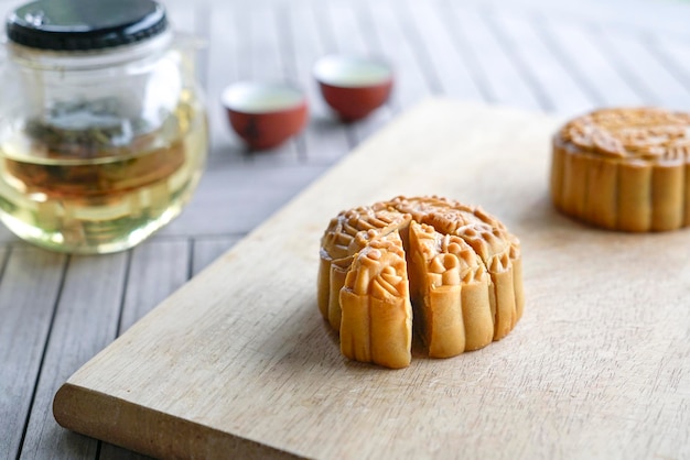 Moon cakes served with chinese tea Mid autumn festival