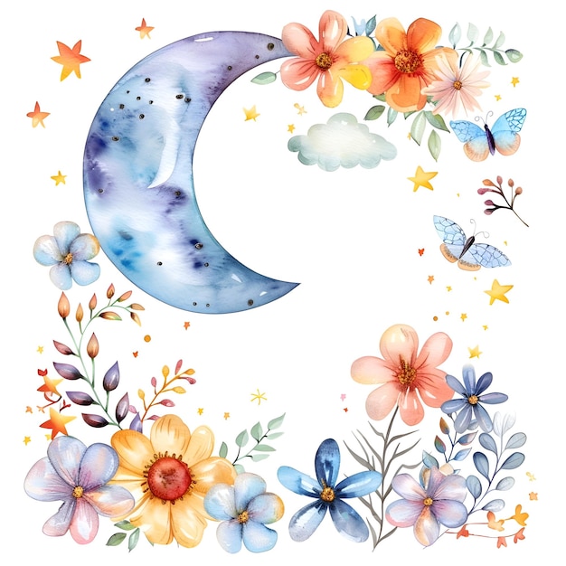 a moon and flowers are painted on a white background