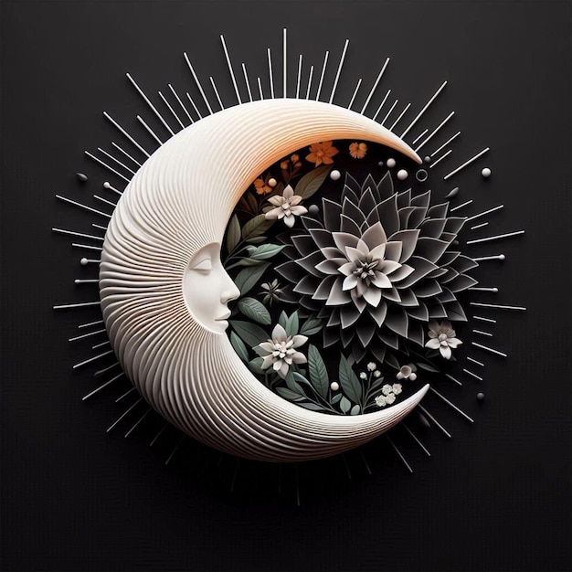 Photo a moon and flowers in a dark night sky and illustration clip atyr design 3d generative ai