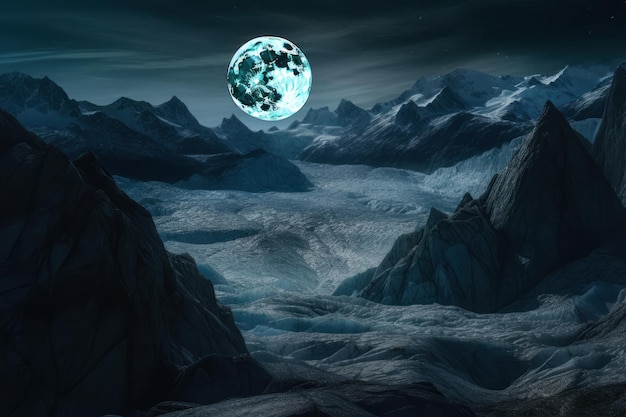 A moon over a frozen mountain