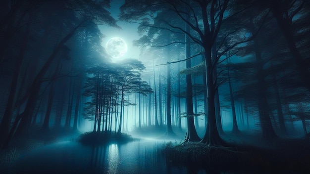 Moon Illuminating Forest In The Dark Night