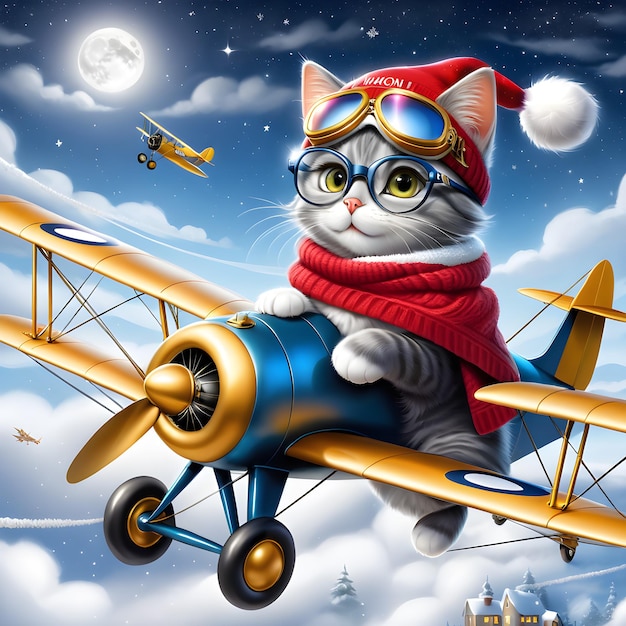 Moon is a grey cat who loves to pilot her biplane She's excited to be coming home for Christmas and